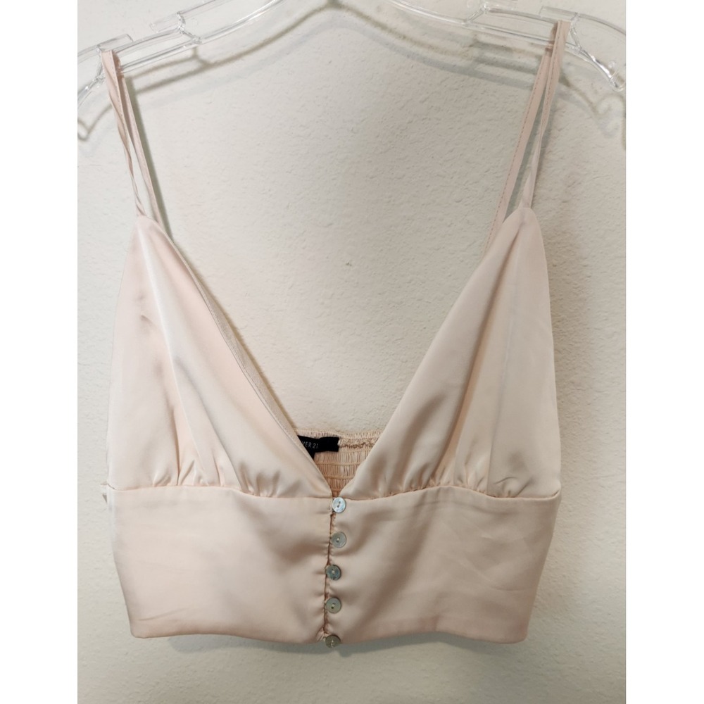 Forever 21 Cream Satin Bralette Crop Top Adjustable Buttons‎ Smocked Lrg Ballet